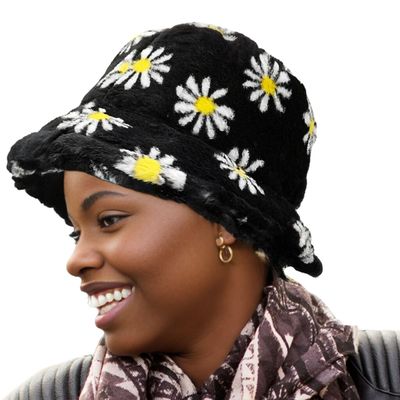 Black Floral Faux Fur Bucket Hat