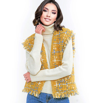 Gold Threaded Plaid Tweed Mustard Vest for Women