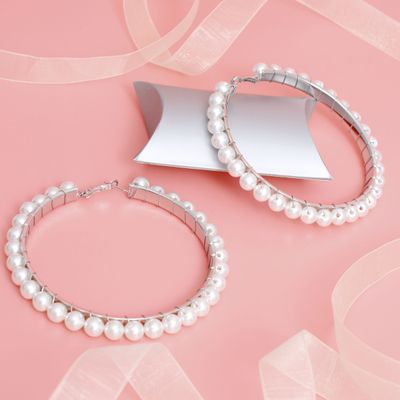 Silver and White Pearl Hoop Earrings- 3.25 "