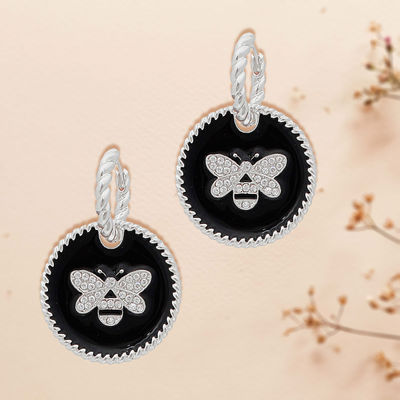 Black Bee Charm Twisted Silver Hoops-thumnail