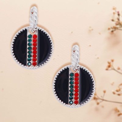Black Stripe Charm Twisted Silver Hoops-thumnail