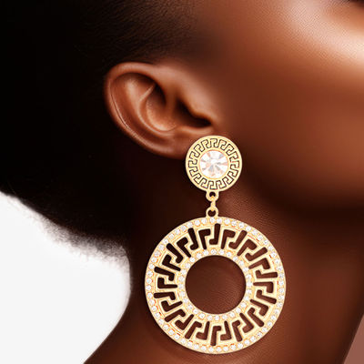 Gold Rhinestone Round Greek Key Earrings