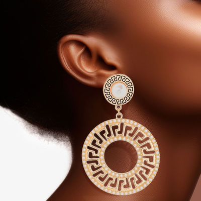 Gold Pearl Round Greek Key Earrings-thumnail
