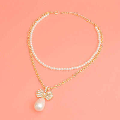 Double Layer Pearl Bow Gold Necklace-thumnail
