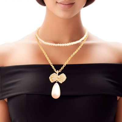 Double Layer Pearl Bow Necklace-thumnail