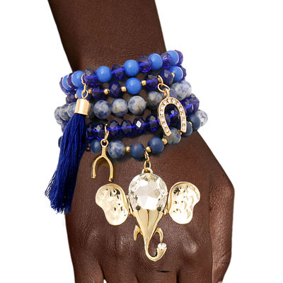 Blue Bead Elephant Charm Bracelet Set