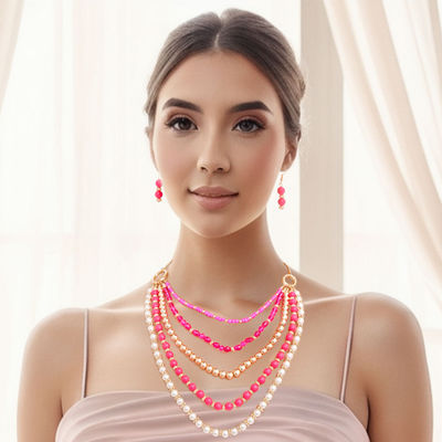 Fuchia Beads Pearl Necklace Set