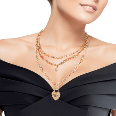 Gold 3 Layer Chain Locked Heart Necklace-thumnail
