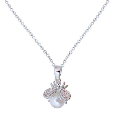 Silver Pearl and CZ Cute Bee Necklace-thumnail