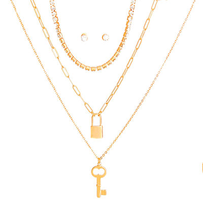 Gold 3 Layer Lock and Key Necklace-thumnail