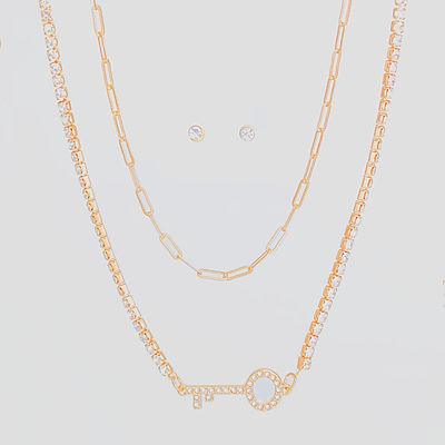 Gold 2 Layer Key Necklace Set-thumnail