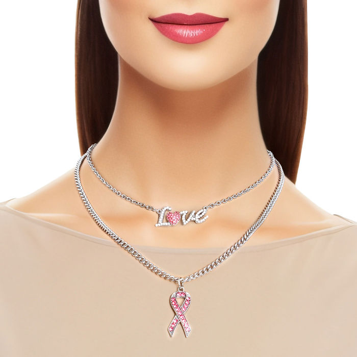 Pink Ribbon Clear Heart Necklace- Order Wholesale