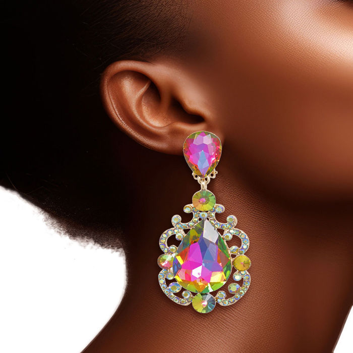 Wholesale Clip On Pink Green Medium Crystal Earrings Women