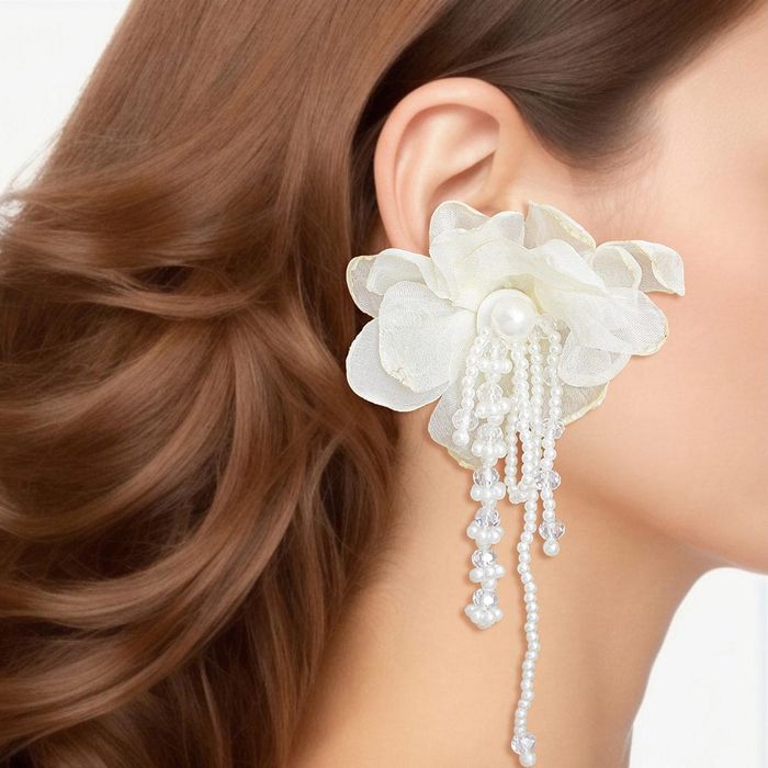 Wholesale Drop Cream Fabric Flower Pearl Earrings for Women