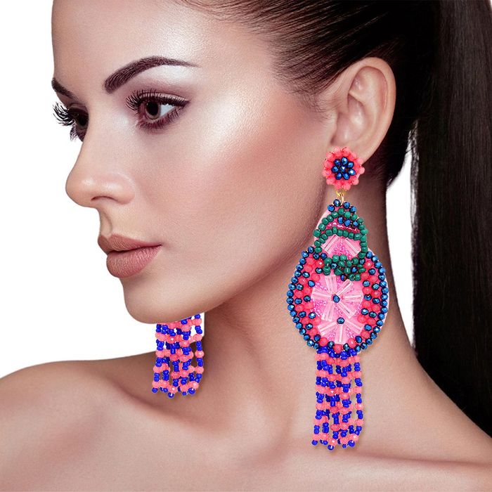 Wholesale Tassel Pink Beaded Large Earrings for Women