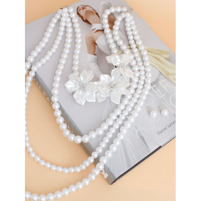 Wholesale Pearl Necklace White Flower 4 Strand Set for Women