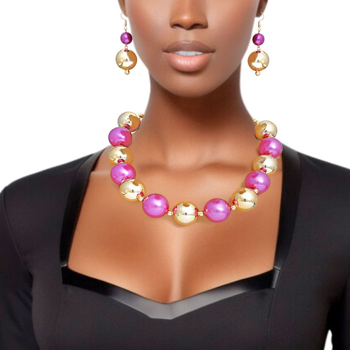 Wholesale Pearl Necklace Fuchsia Gold Jumbo Set for Women