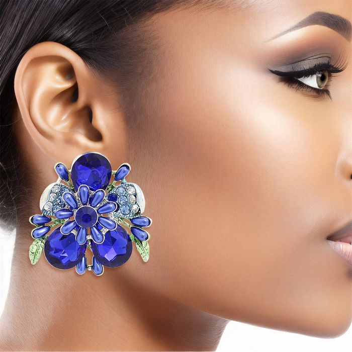 Wholesale Clip On Royal Blue Flower Bloom Earrings for Women