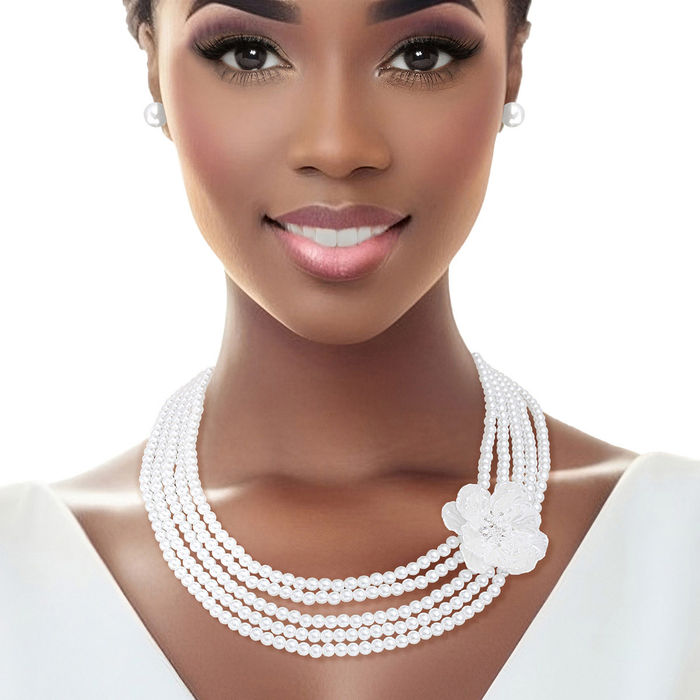 Wholesale Pearl Necklace White 5 Strand Flower Set for Women