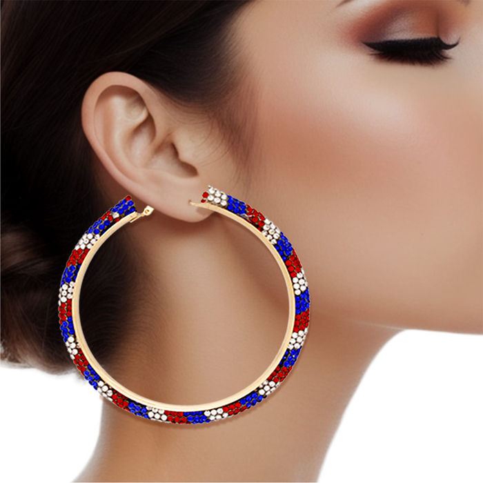 Wholesale Hoop Red White Blue Tube Rhinestone 3 Earrings