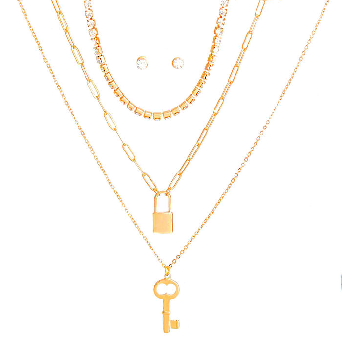 Gold 3 Layer Lock and Key Necklace