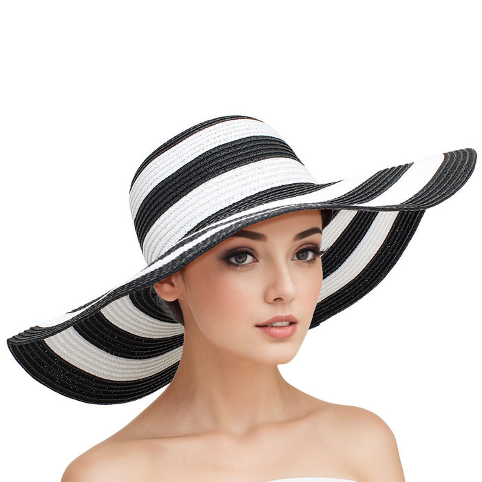 Wholesale Straw Hat Vogue Black White Striped Wide Brim Hat