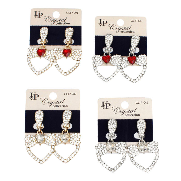 PinktownUSA Dozen Pack Clip On Pave Heart Bow Earrings Women