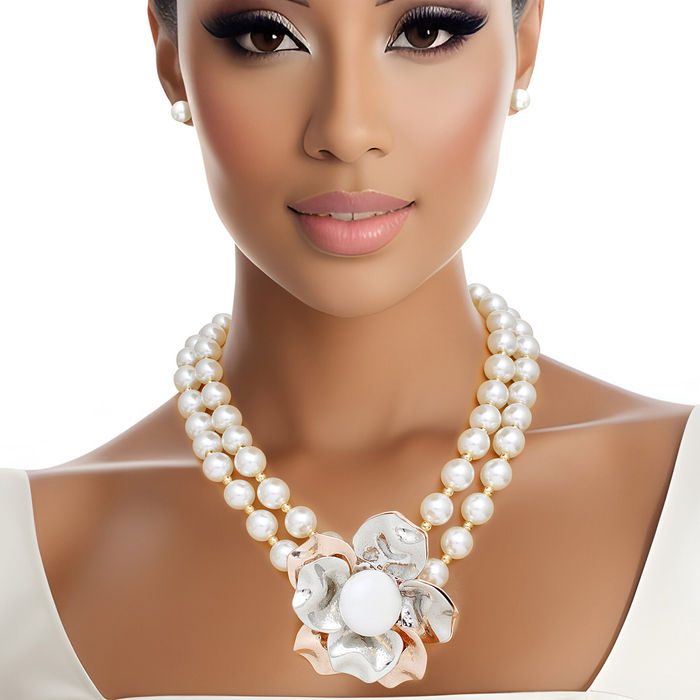 Wholesale Pearl Necklace Silver Rose Gold Flower Set Women