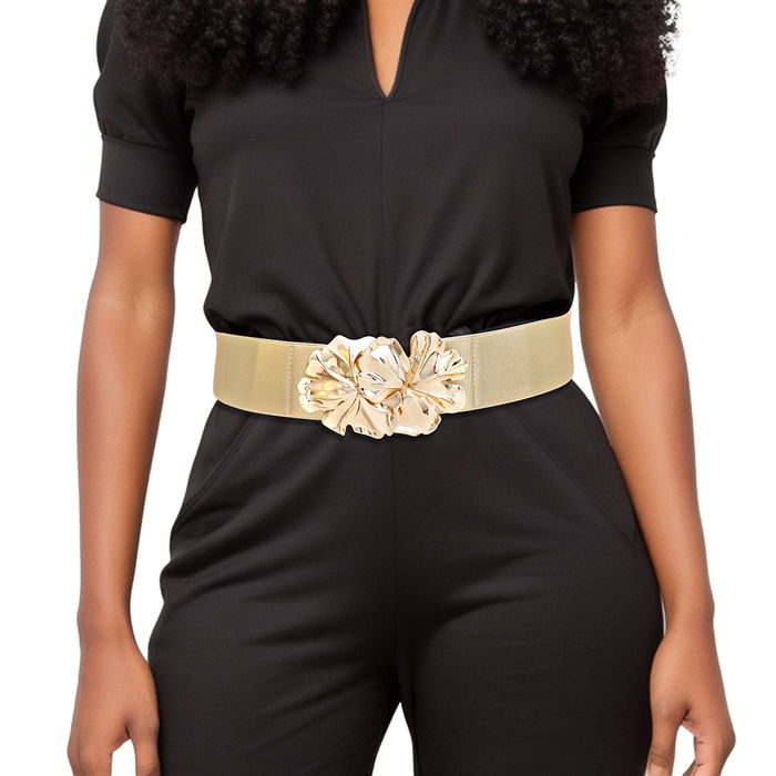 Wholesale Belt Gold Wide Flower Buckle Stretch Belt Women