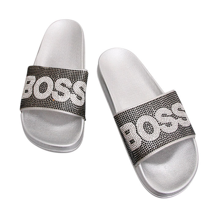 Size 9 Black BOSS Silver Slides Order Wholesale
