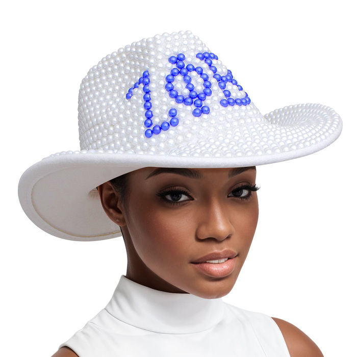 Wholesale ZPB Sorority White and Blue Pearl Fedora Hat Women