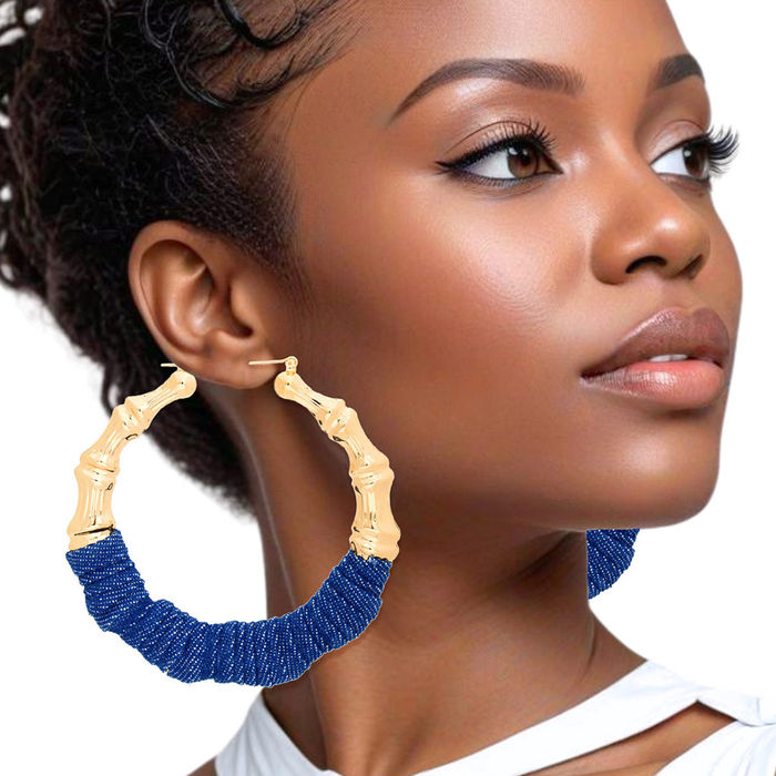 Wholesale Hoop Gold Denim Wrapped Bamboo Earrings Women