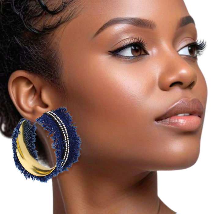 Wholesale Hoop Gold Frayed Denim Pave Rhinestone Earrings