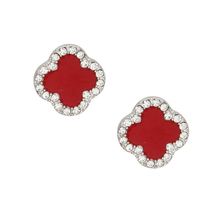 Wholesale DST Red Silver Rhinestone Clover Stud Earrings