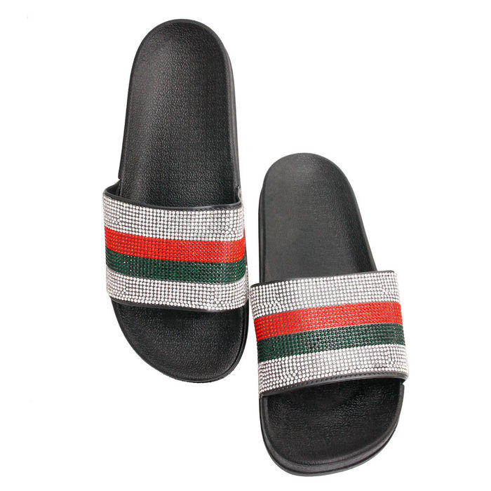 Red and Green Size 9 Designer Black Slides Order Wholesale