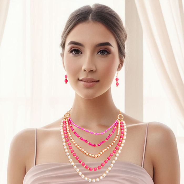 Fuchia Beads Pearl Necklace Set Order Wholesale