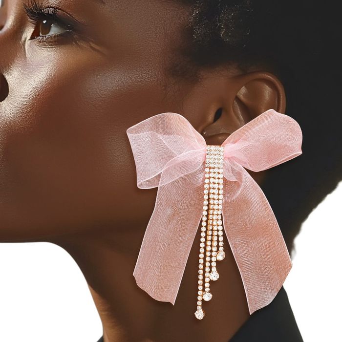 Wholesale Tassel Pink Ribbon Bow Sparkling Fringe Earrings
