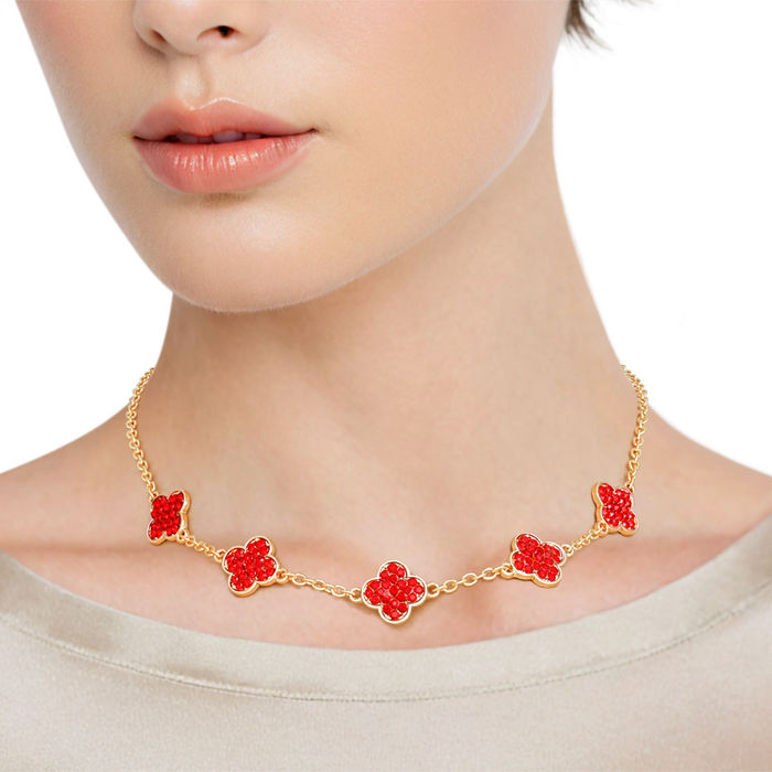 Wholesale Necklace Gold Red Rhinestone Quatrefoil Clovers