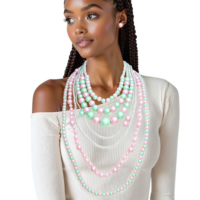 Wholesale AKA Sorority Pink Green 7 Strand Pearl Necklace