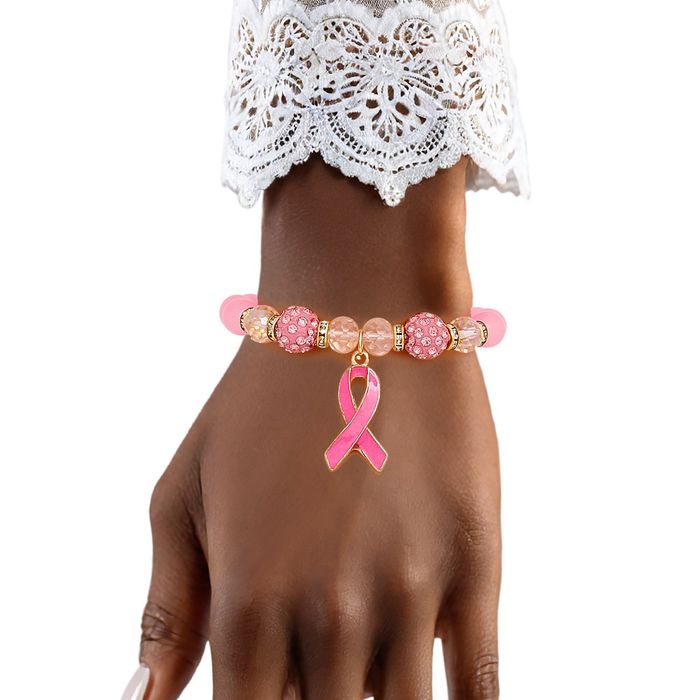 Wholesale Dozen Pack Pink Bead Breast Cancer Ribbon Bracelets