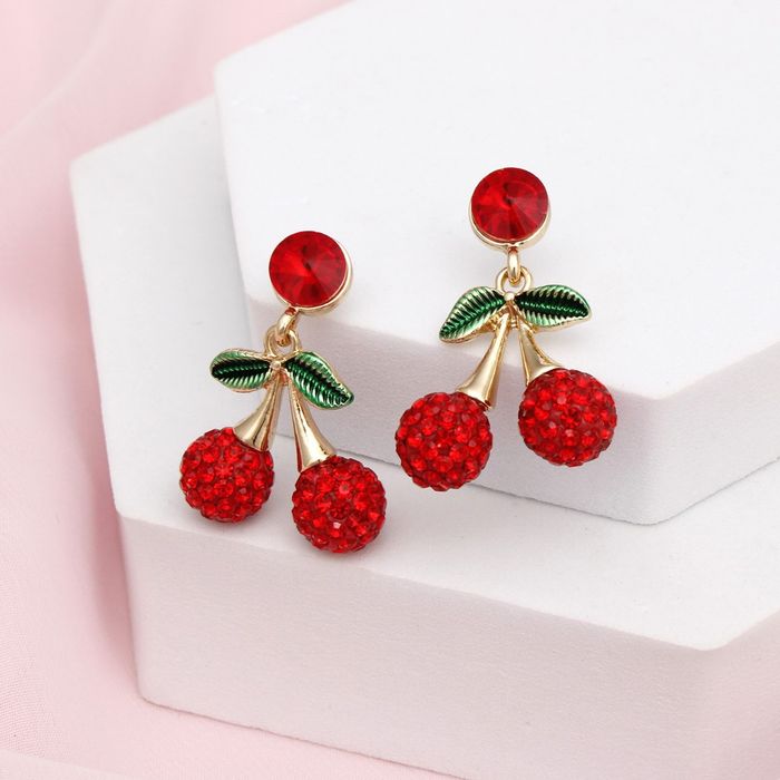 Wholesale Drop Double Red Cherry Kissed Sparkle Earrings