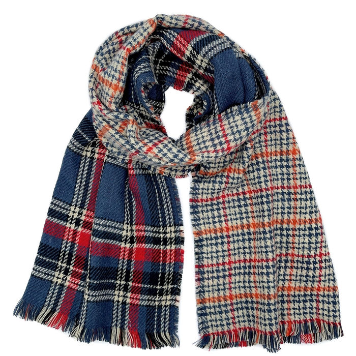 Navy Plaid Houndstooth Reversible Scarf- Order Wholesale