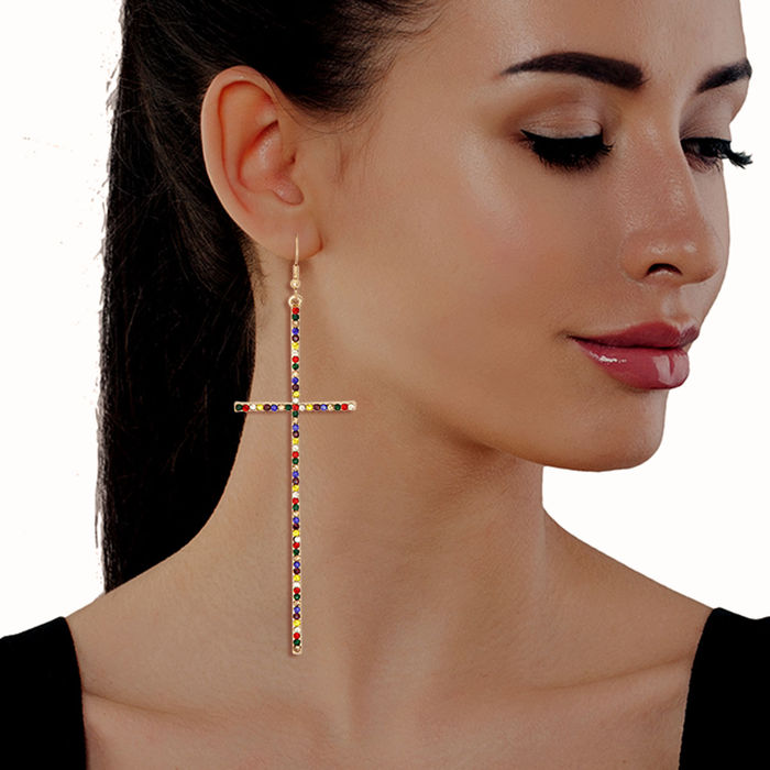 Rainbow Pave Stone Cross Earrings Order Wholesale