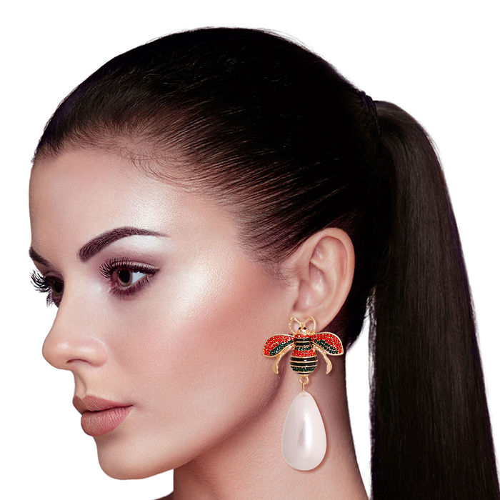 Red and Green Bee Pearl Teardrop Earrings Order Wholesale