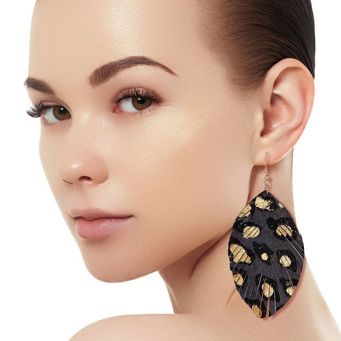 Gray Leopard Leather Feather Earrings Order Wholesale