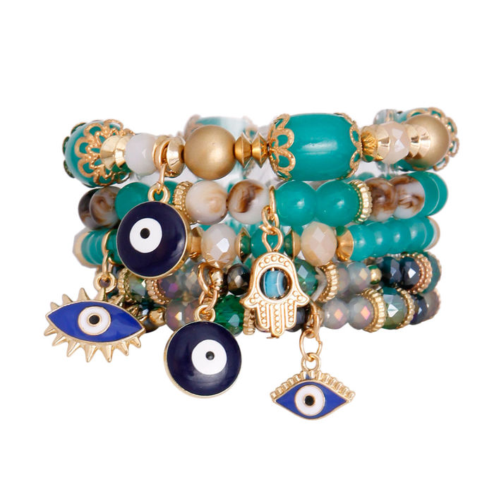 Evil Eye Bracelet, Blue Seed Beads Bracelet, Gold Charm Bracelet