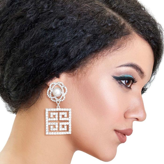 Silver Flower Square Greek Key Earrings Order Wholesale