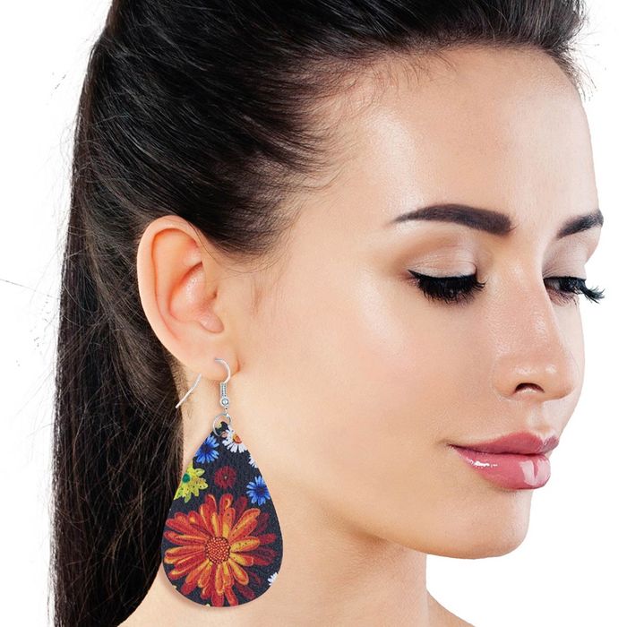 Multi Color Daisy Printed Teardrop Earrings Order Wholesale