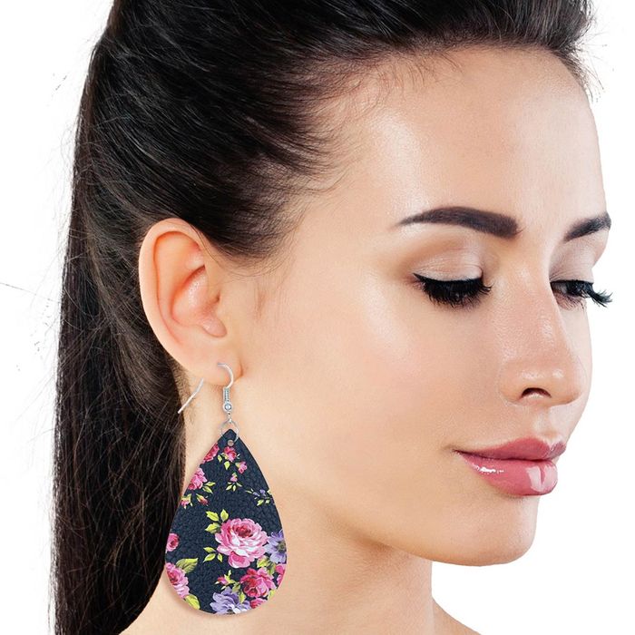 Pink Rose Printed Teardrop Earrings Order Wholesale