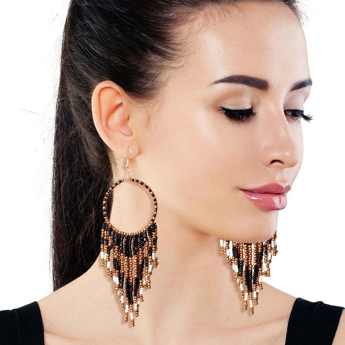 Black and Gold Bead Fringe Circle Earrings- Order Wholesale